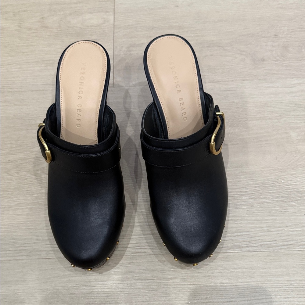Veronica Beard Black Mules with Gold Buckle